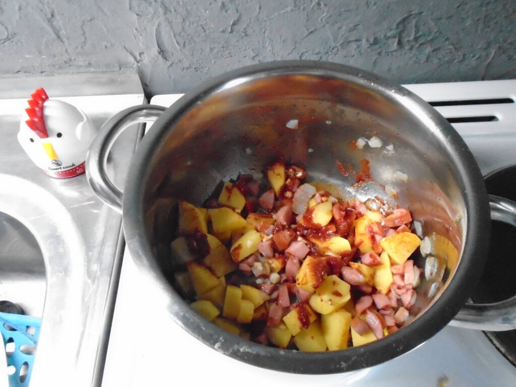 Frankfurt soup, and we add a heaping spoonful of tomato paste.